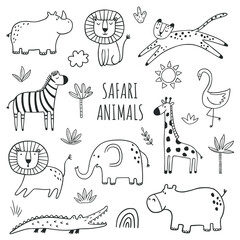 Set of safari animals. Outline hand drawn safari jungle animals zebra, lion, elephant, crocodile, giraffe, leopard, rhinoceros, hippopotamus. Doodle style line art.
