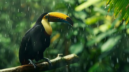 Obraz premium Bird with open bill Chesnutmandibled Toucan sitting on the branch in tropical rain with green jungle in background Wildlife scene from nature : Generative AI