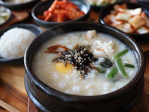 A traditional Korean breakfast setting with juk rice porridge, kimchi, and salted seafood