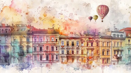 Illustration watercolor drawing traditional apartment buildings with hot air balloon. Generated AI