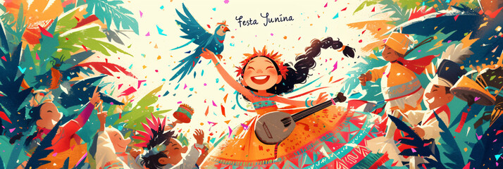 Festa Junina celebration featuring children and musicians in colorful traditional attire. Illustration style for event posters and greeting cards. Festive Brazilian culture theme with vibrant design