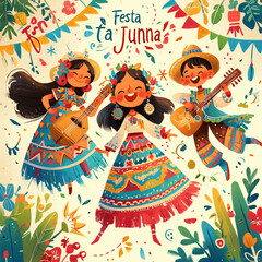 Festa Junina celebration featuring children and musicians in colorful traditional attire. Illustration style for event posters and greeting cards. Festive Brazilian culture theme with vibrant design