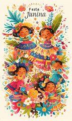 Festa Junina celebration featuring children and musicians in colorful traditional attire. Illustration style for event posters and greeting cards. Festive Brazilian culture theme with vibrant design