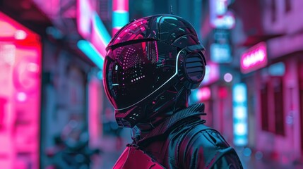 Cyberpunk robot with digital helmet in the middle of a neon cyber city alley. AI generated image