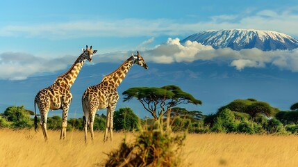 Fototapeta premium Three giraffe on Kilimanjaro mount background in National park of Kenya Africa : Generative AI