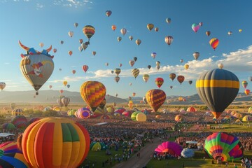 Sunset Hot Air Balloon Festival Over Deserted Mountain Landscape with Diverse Vibrant Balloon Designs