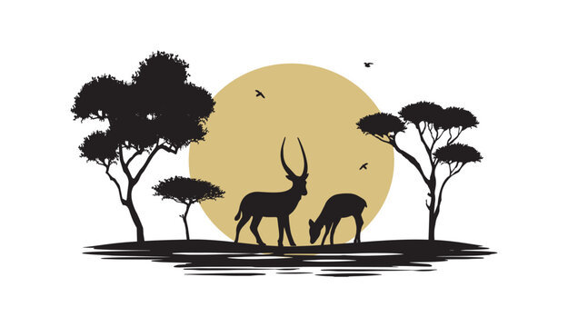 landscape with antelopes vector silhouette yellow sunset. African landscape with antelopes vector silhouette