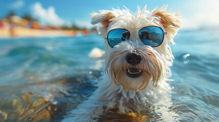 West highland white terrier  swims in the river wearing glasses Concept of fun holidays with animals