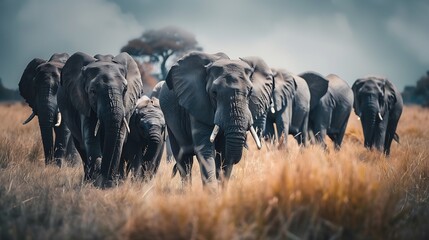 Herd of Elephants in Africa walking through the grass in Tarangire National Park Tanzania : Generative AI