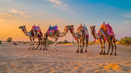 Camels with traditional dresses waiting beside road for tourists for camel ride at Thar desert Rajasthan India Camels Camelus dromedarius are desert animals who carry tourists on their : Generative AI