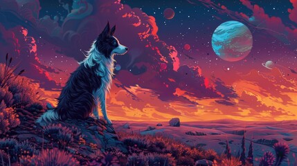 A dog looking up at the night sky, with a beautiful landscape of a blue moon and a red and purple sky.
