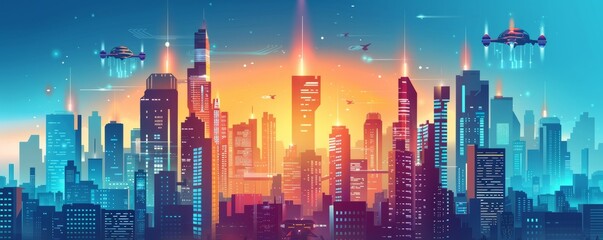 A futuristic cityscape rising towards the sky, with gleaming skyscrapers and flying vehicles soaring amidst the urban sprawl.   illustration.