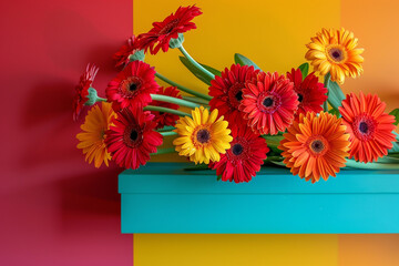 A gathering of vibrant gerbera daisies on a pop-art inspired bright shelf, adding fun and flair to...