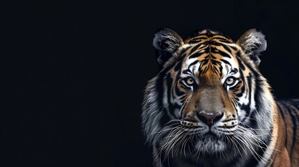 Fototapeta premium Tiger face on black background : Generative AI