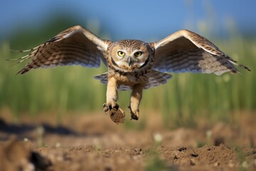 Obraz premium Burrowing owl flying over field during summer ready for hunting and looking toward camera
