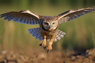 Fototapeta premium Burrowing owl flying ready for hunting
