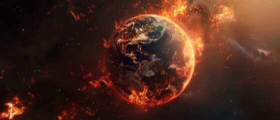 Earth partially covered in flames viewed from space, showcasing the concept of global warming top view Earth on fire futuristic tone vivid,