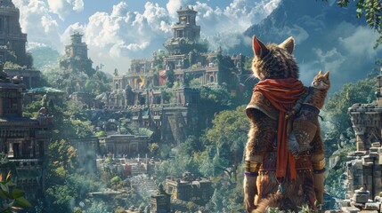 Fototapeta premium A ginger cat wearing a red scarf and carrying a kitten on its back stands on a cliff overlooking a ruined city in the jungle.