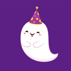 Cute ghost floating with Halloween day for Trick or Treat. Funny spooky boo character. Spook phantom with happy smiling face expression. Isolated kids flat vector illustration.