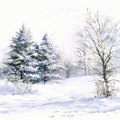Fototapeta premium Watercolor painting of a snowy winter scene with snow-covered trees and a peaceful blanket of white covering, on isolated white background, Generative AI