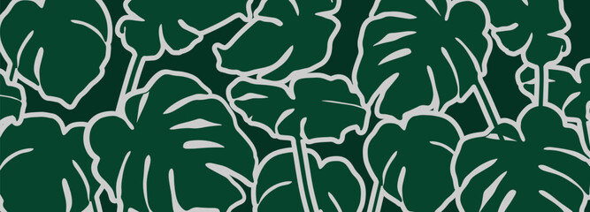 Fototapeta premium Green tropical vector background with monstera leaves.