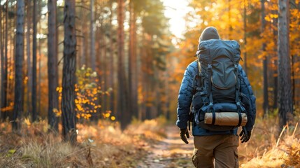 The hike trail hiker walking in autumn fall nature woods during fall season. 