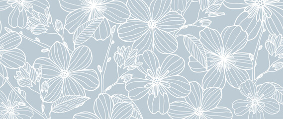 Light blue floral background with wildflowers, branches, buds and leaves.