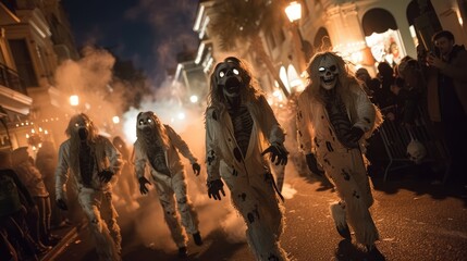 A group of people in hazmat suits walk through a burning city.