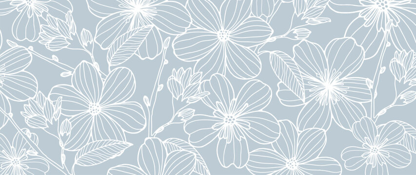 Light blue floral background with wildflowers, branches, buds and leaves.