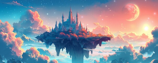 A fantastical sky kingdom perched atop a floating island, its majestic spires and grand halls reaching towards the heavens amidst the swirling clouds.   illustration.