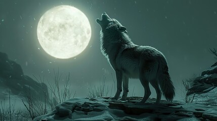 A haunting image of a wolf howling at the moon in a snowy, moonlit landscape, perfect for illustrating themes of wilderness, isolation, and the untamed spirit of nature.