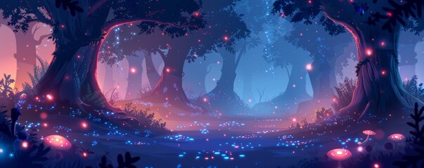 A mystical forest grove with ancient trees intertwined with glowing bioluminescent fungi.   illustration.