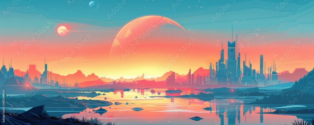 Poster a retro-futuristic utopia where advanced technology and sleek design merge seamlessly with natural l