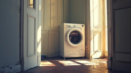 White washing machine in a room with wooden floors with rays. generative AI image