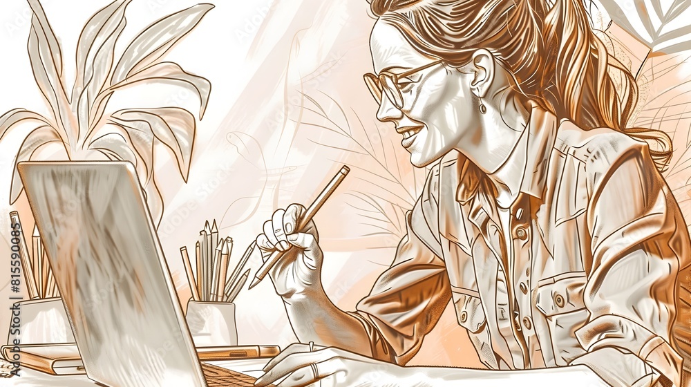 Poster focused web designer optimizing workspace for productivity and creativity