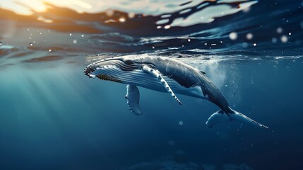 Fototapeta premium A Baby Humpback Whale Plays Near the Surface in Blue Water : Generative AI