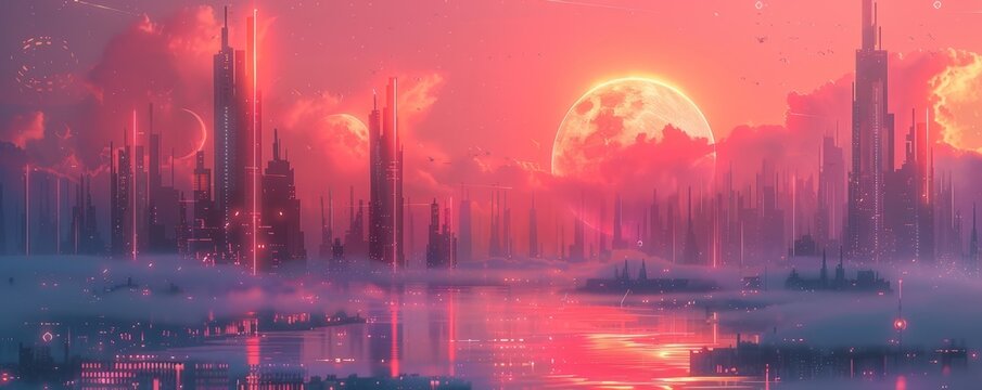 A futuristic cityscape dominated by towering skyscrapers and advanced technology, where gleaming surfaces and sleek designs create a vision of the future, and the possibilities of tomorrow seem