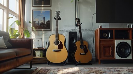 Acoustic guitar in the living room. Music concept. Vintage style