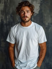 Mockup aesthetic simple men's white t-shirt, cotton t-shirt insert text mockup style, model wearing white clothes