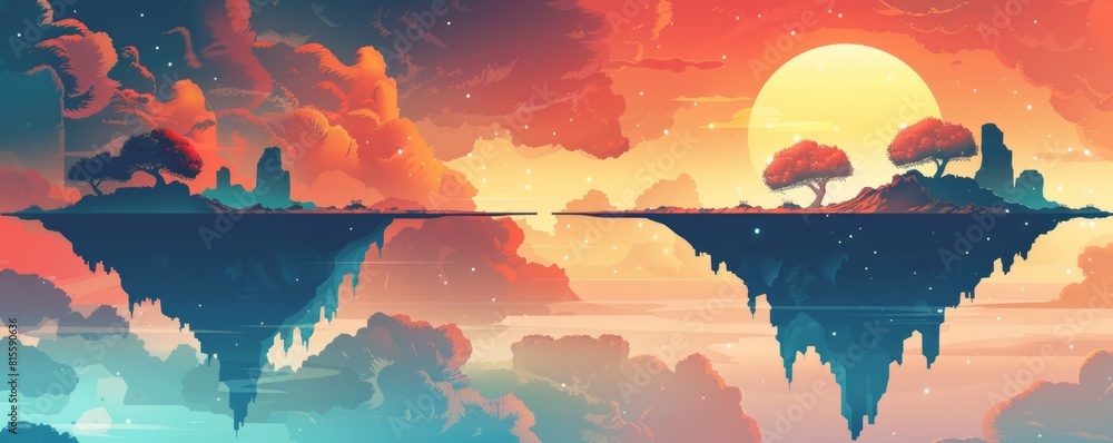 Poster a parallel dimension where gravity behaves differently, resulting in floating islands and upside-dow