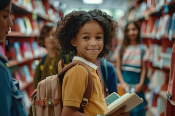 Young girl with a radiant smile holding a book in a colorful school library, surrounded by classmates.