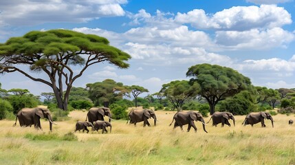 Herd of Elephants in Africa walking through the grass in Tarangire National Park Tanzania : Generative AI