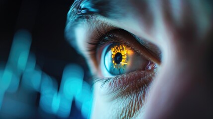 Close up of businesswoman eye with financial graph reflecting in eye. Attractive woman looking financial and marketing data with stock market chart or increasing sales graph reflect in the eye. AIG42.