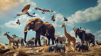 Large group of african safari animals Wildlife conservation concept : Generative AI