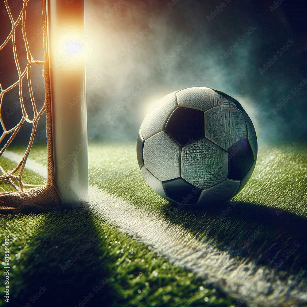 Poster a soccer ball on the field and a net in the rays of the floodlights