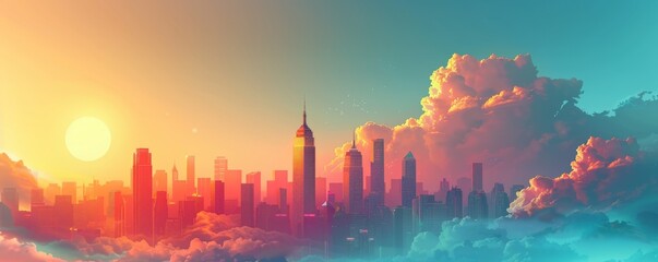 A retro-futuristic cityscape where gleaming towers rise above the clouds, where technology and progress reign supreme.   illustration.