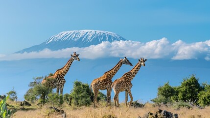 Three giraffe on Kilimanjaro mount background in National park of Kenya Africa : Generative AI