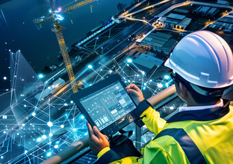 A construction worker is seen using a tablet device while on a construction site. They are likely reviewing plans or communicating with colleagues