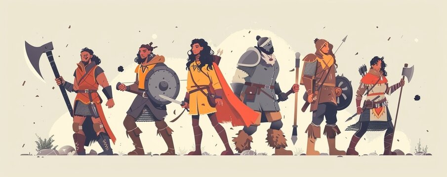 A group of adventurers a woman warrior with an axe   illustration