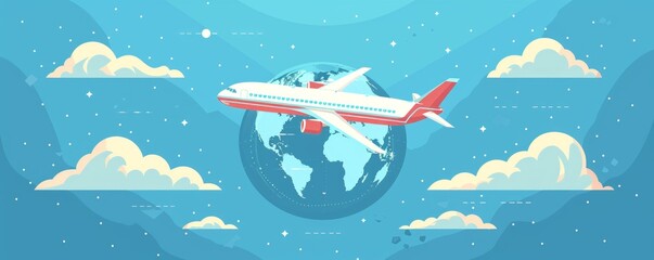 Airplane flying around the world. Tourism, vacation concept. Traveling worldwide by plane. Business jet on a flight around the globe.   illustration
